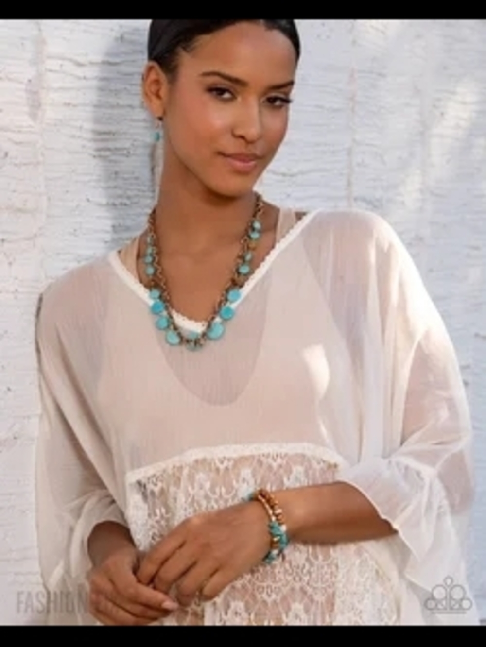 Two Piece Set Sheer Ivory Lace Boho Tunic with Turquoise Accents